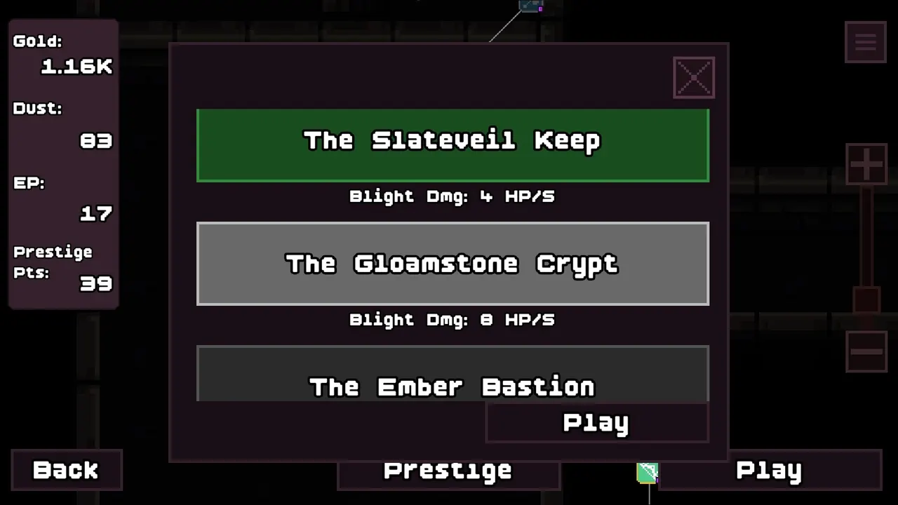 Area selection screen listing The Slateveil Keep, The Gloamstone Crypt and The Ember Bastion